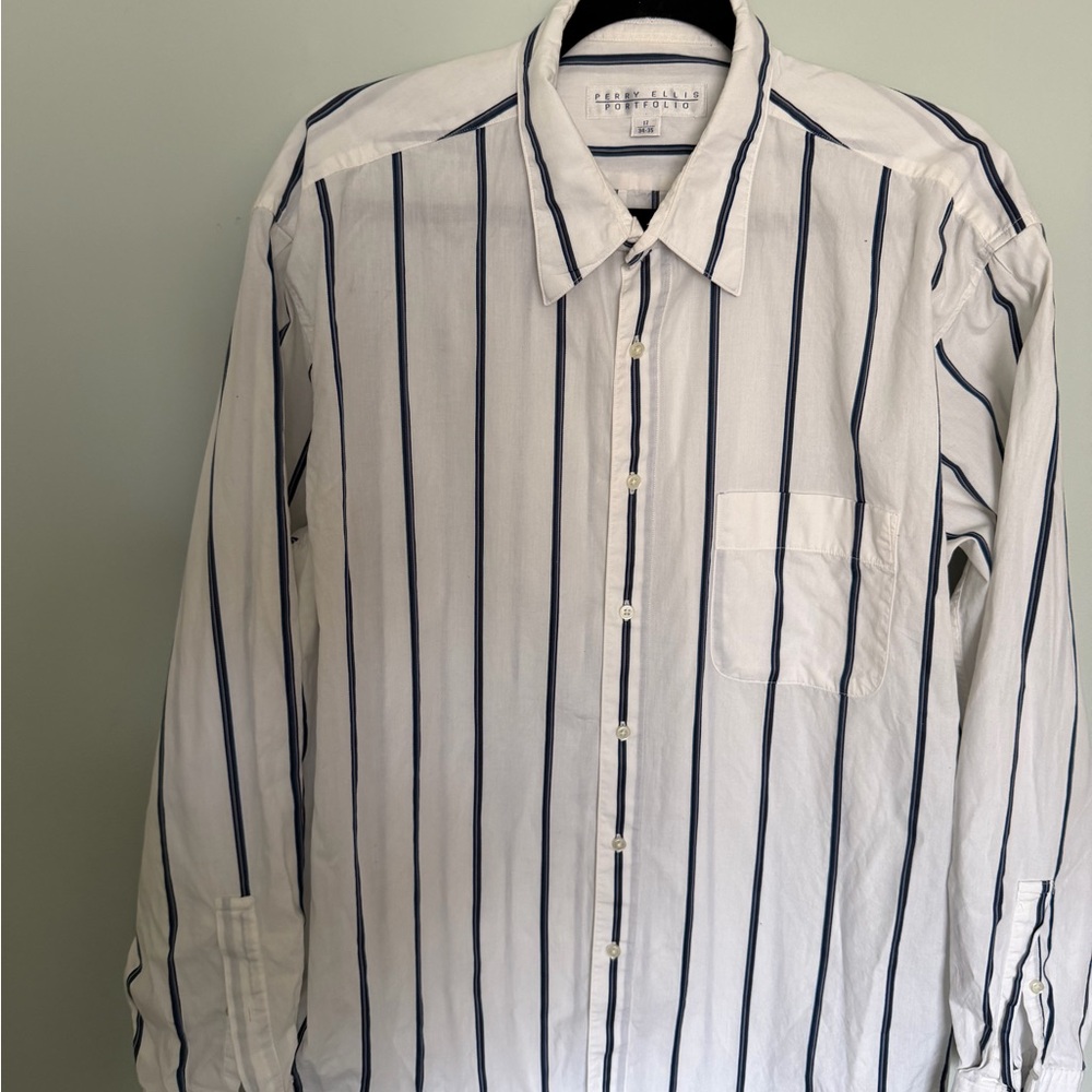 Perry Ellis Classic White and Blue Striped Men's Shirt 17/ 34-35